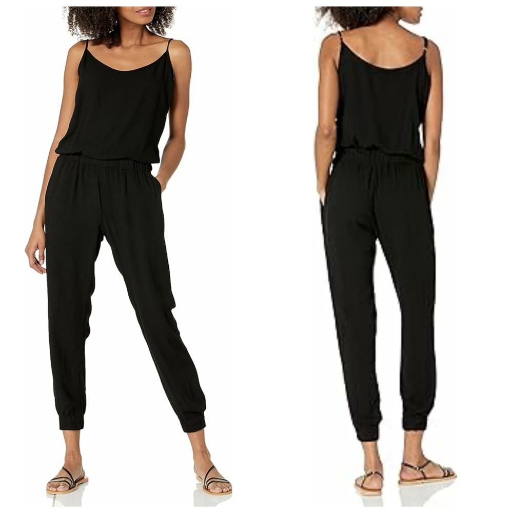 Monrow crepe cami jumpsuit black large elastic cuffs pockets NWT